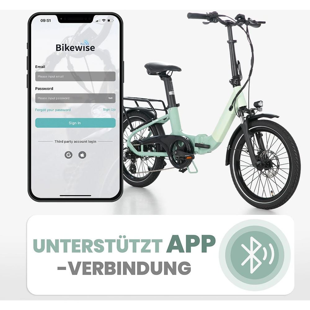 Ein grünes E-Bike und ein Telefon mit einer App-Oberfläche. Das Fahrrad hat schwarze Reifen und einen weißen Rahmen. Die App heißt Bikewise.