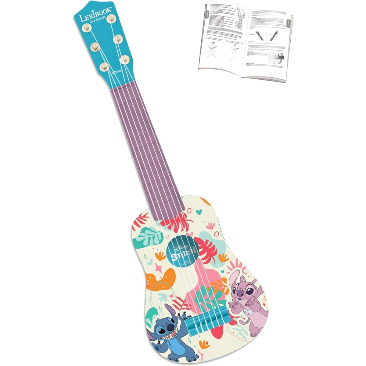 Eine Lilo & Stitch Ukulele mit tropischen Designs und einer Bedienungsanleitung auf weißem Hintergrund.