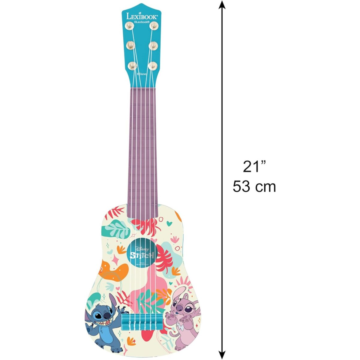 Eine bunte Disney Stitch Ukulele mit Maßangaben.
