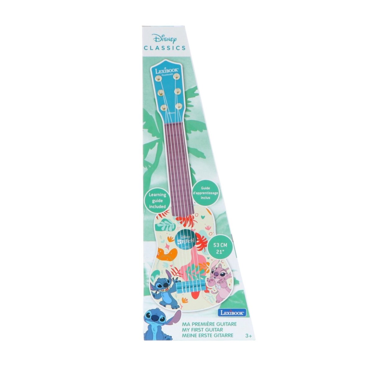 Eine Produktbox für eine Disney Stitch Ukulele mit einem Lernleitfaden.