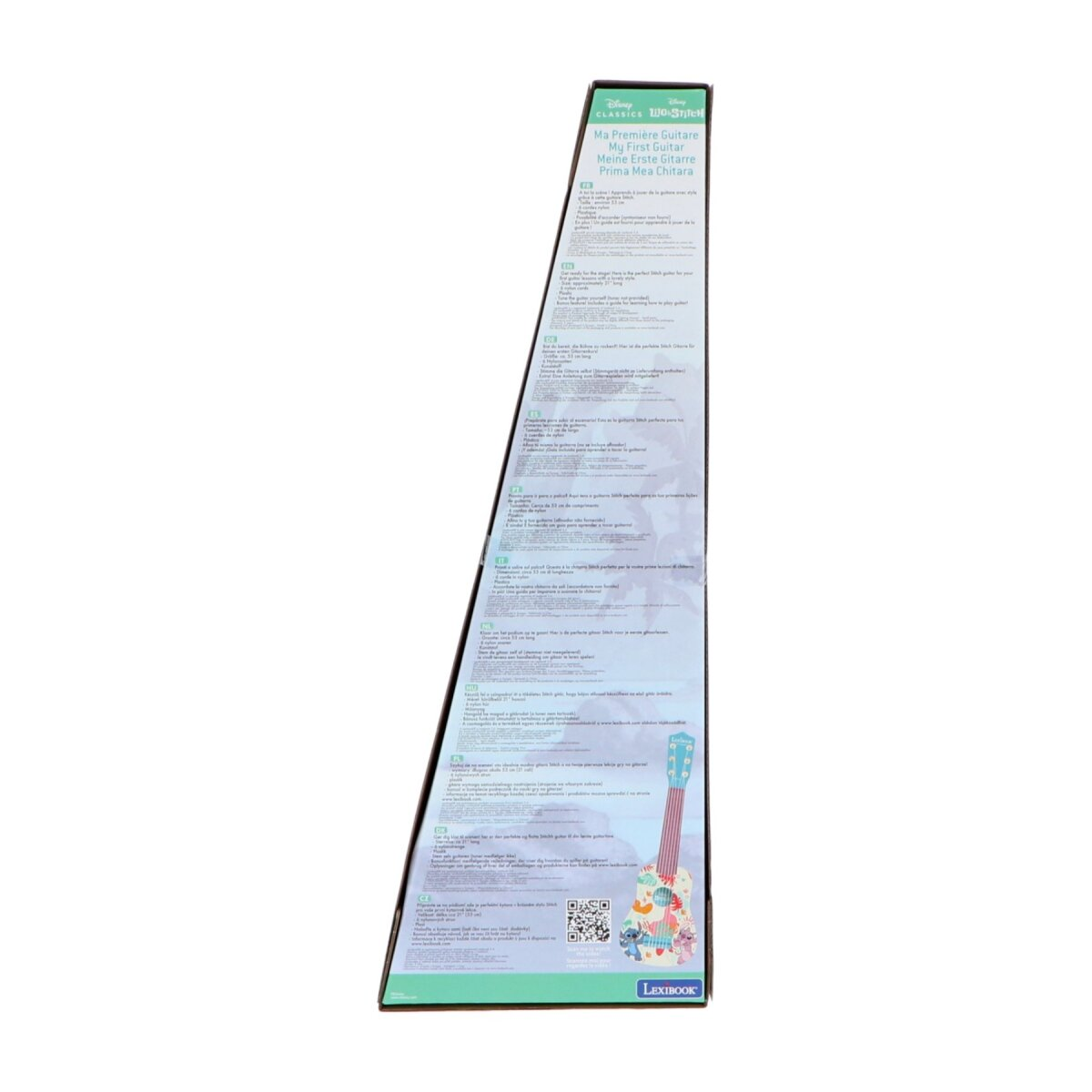 Eine Produktbox für eine Disney Stitch Ukulele mit Text in mehreren Sprachen.