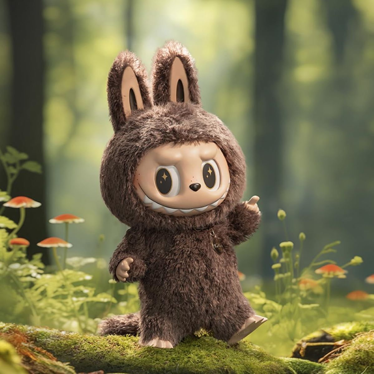 Una figura marrone pelosa con orecchie da coniglio si erge in una foresta con funghi e fogliame verde.
