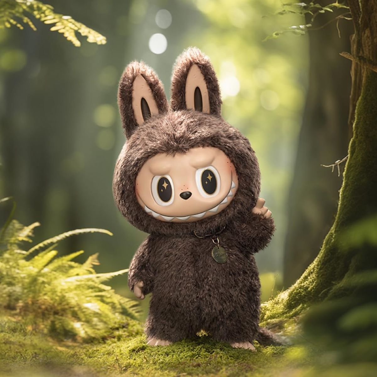 Una bambola pelosa in un ambiente forestale, sorridente e che saluta, indossa un ciondolo.