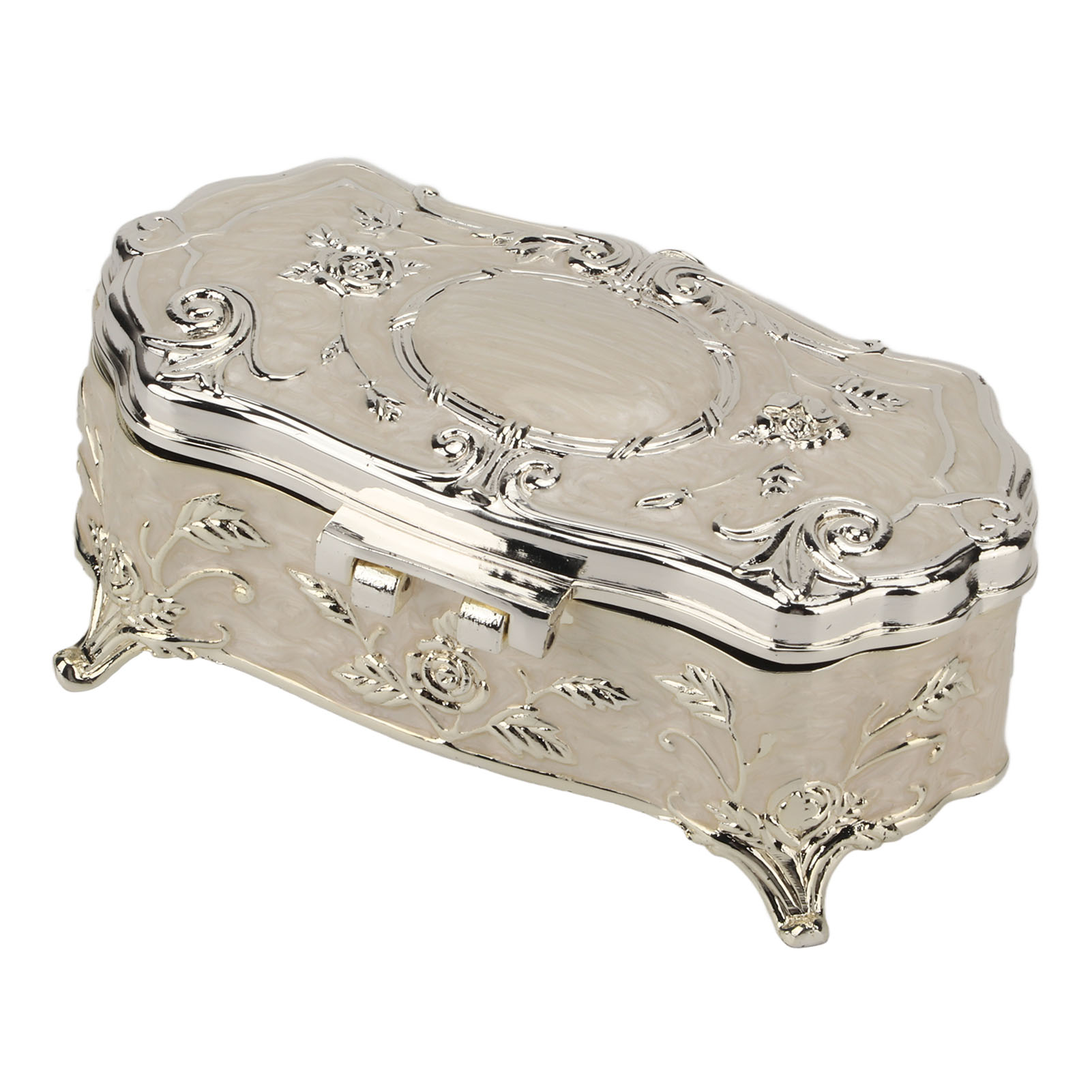 Eine verzierte Schmuckschatulle mit floralen Designs und silberner Zierleiste.