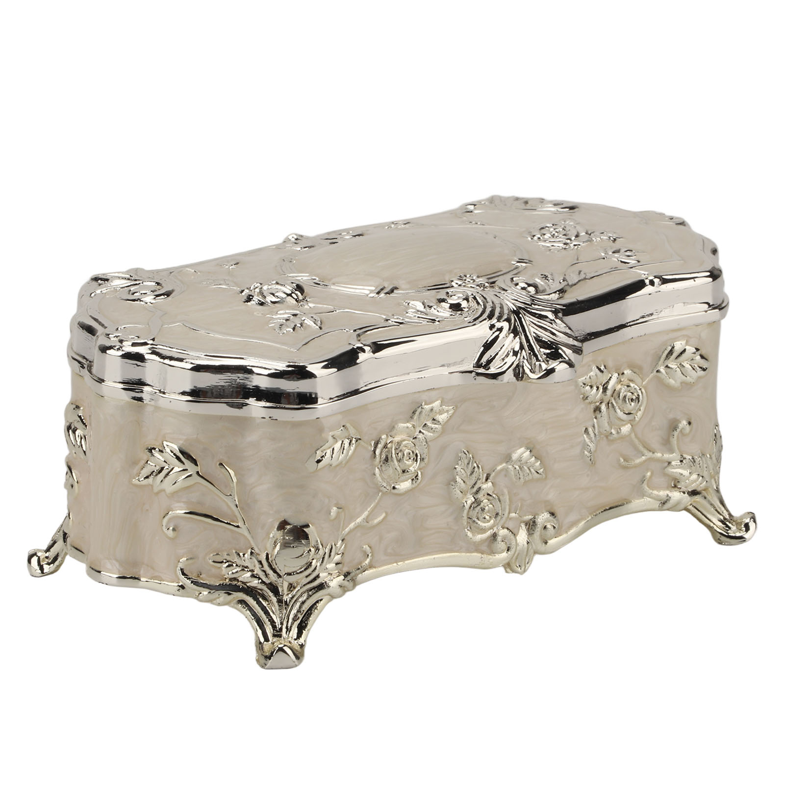 Eine verzierte Schmuckschatulle mit floralen Designs und silberner Zierleiste.
