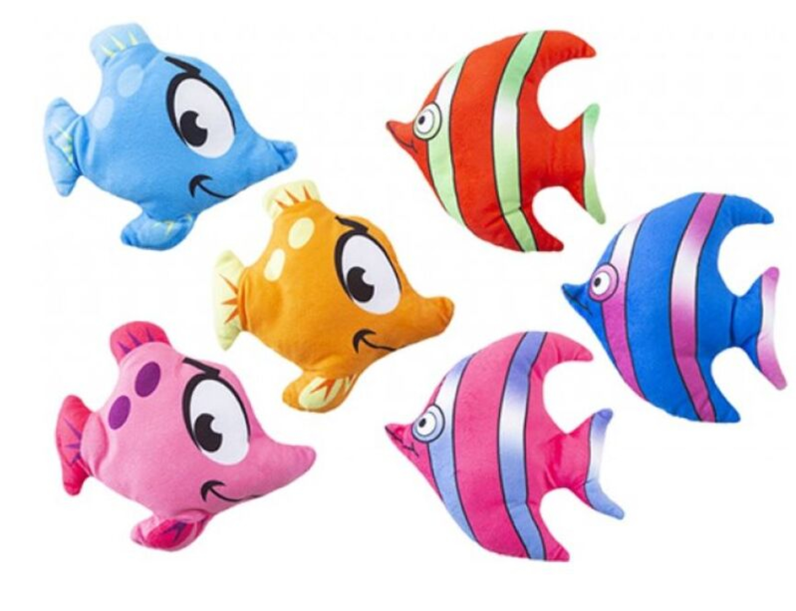 Eine Gruppe bunter Stofffisch-Spielzeuge in verschiedenen Designs und Farben.