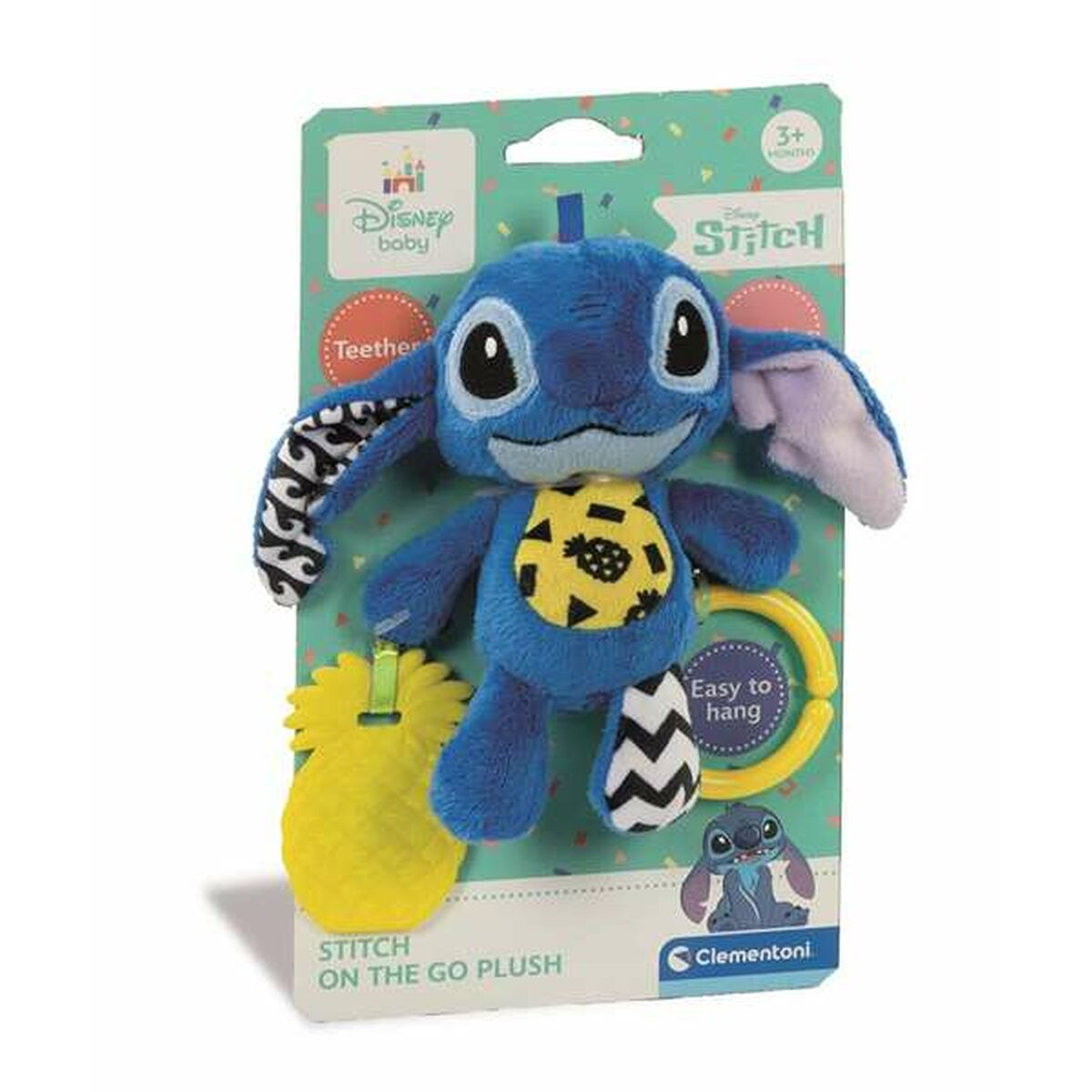 Un peluche di Stitch sulla confezione, con un ananas e un anello giallo.