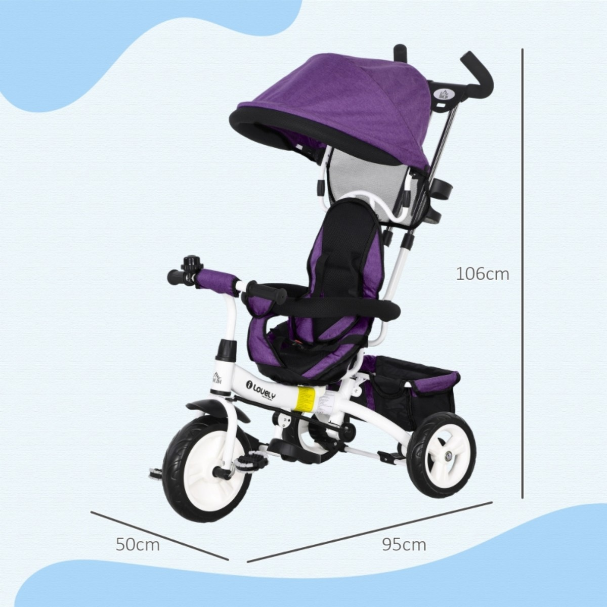 Ein lila-weißes Dreirad mit den angegebenen Abmessungen: 50 cm breit, 95 cm lang, 106 cm hoch.