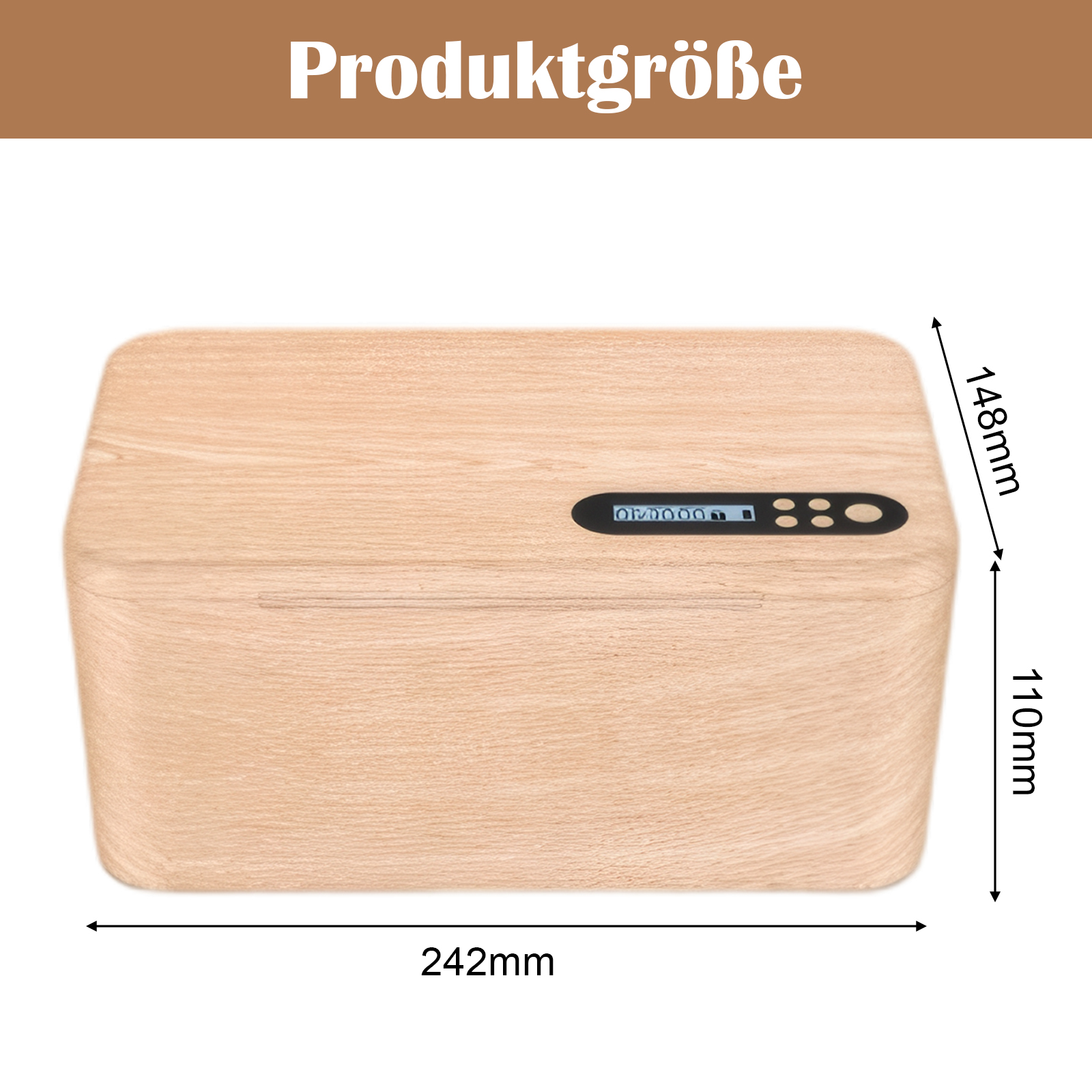 Eine Holzkiste, rechteckig, mit Bildschirm und Knöpfen, die Abmessungen sind an der Seite angegeben.