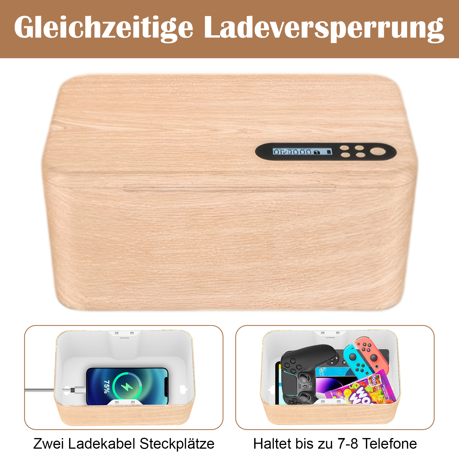 Eine Holzkiste mit Bedienfeld oben. Ein Telefon wird darin aufgeladen, sowie Ladeanschlüsse.
