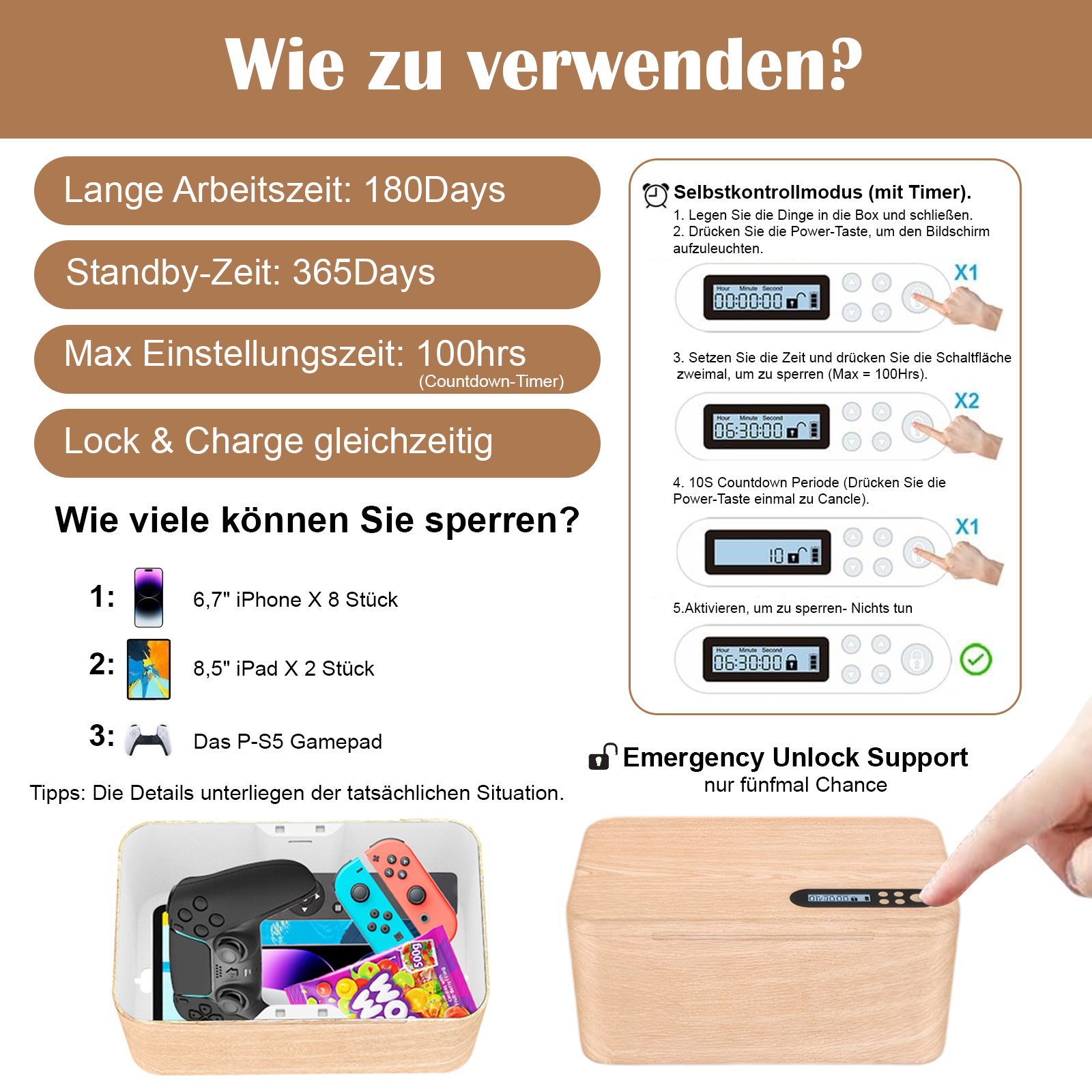 Eine Holzkiste mit Schloss und Bildschirm mit Einstellungen. Anweisungen und Textüberlagerung.