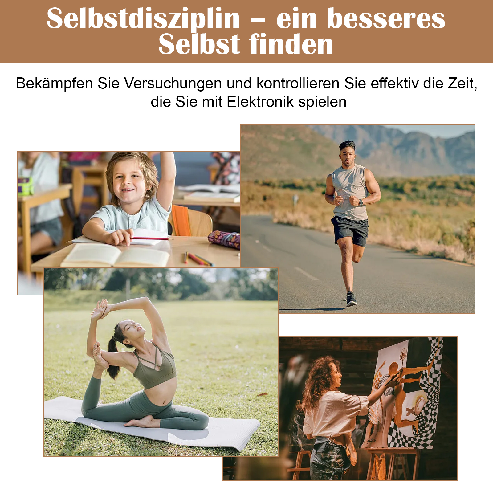 Eine Collage von Bildern, die Menschen bei Aktivitäten zeigen: Lesen, Laufen, Yoga und Malen.