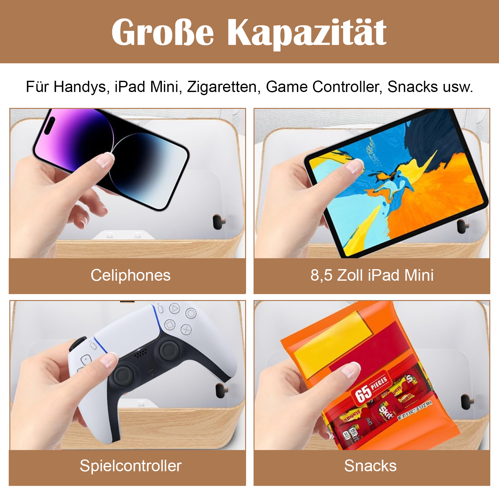 Eine Holzkiste mit verschiedenen Gegenständen: Telefon, Tablet, Zigaretten, Controller und Snacks.