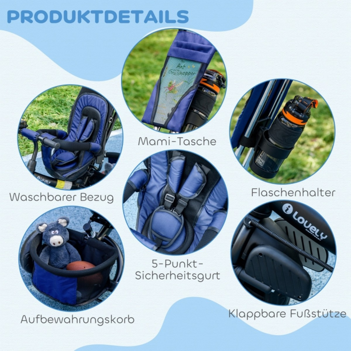 Nahaufnahme der Funktionen eines blauen Dreirads: waschbarer Bezug, Flaschenhalter, Korb und mehr.