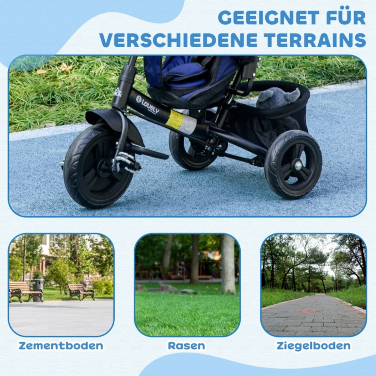 Ein Dreirad auf verschiedenen Untergründen: Zement, Gras und Ziegel. Das Dreirad ist schwarz und blau.