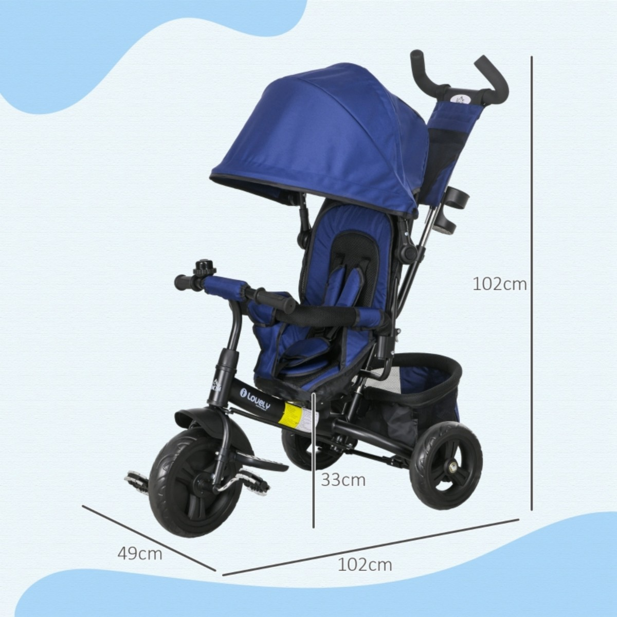 Blaues Dreirad mit Verdeck. Abmessungen: 102cm lang, 49cm breit und 33cm hoch.