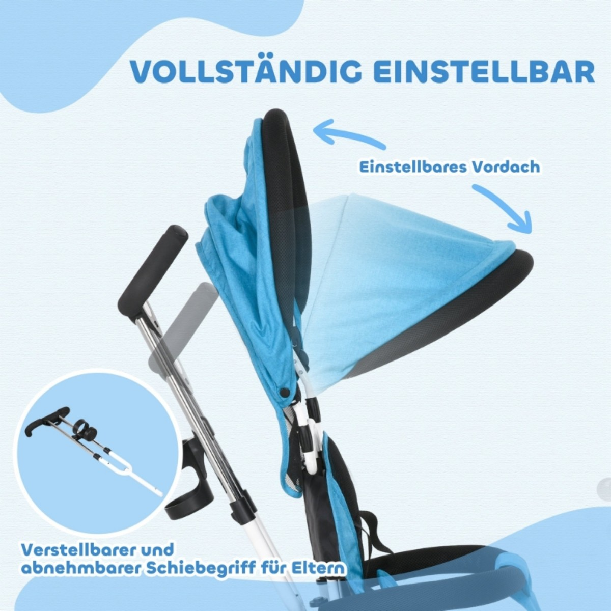 Ein blauer und schwarzer Kinderwagen mit verstellbarem Sonnenschutz und Griff für Eltern.