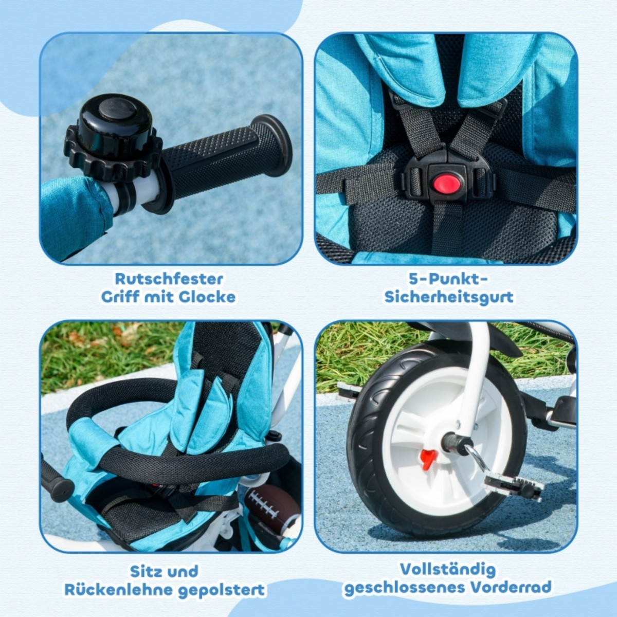 Nahaufnahme eines Dreirads: Griff mit Klingel, 5-Punkt-Gurt, gepolsterter Sitz und voll geschlossenes Vorderrad.