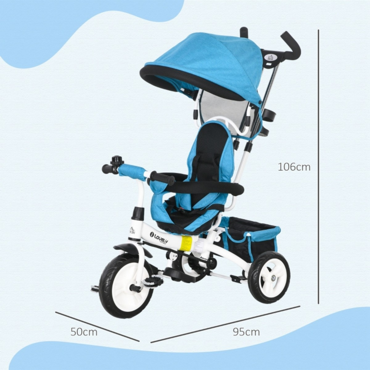Ein blau-weißes Dreirad mit Verdeck, Maße: 106 cm Höhe, 50 cm Breite und 95 cm Länge.