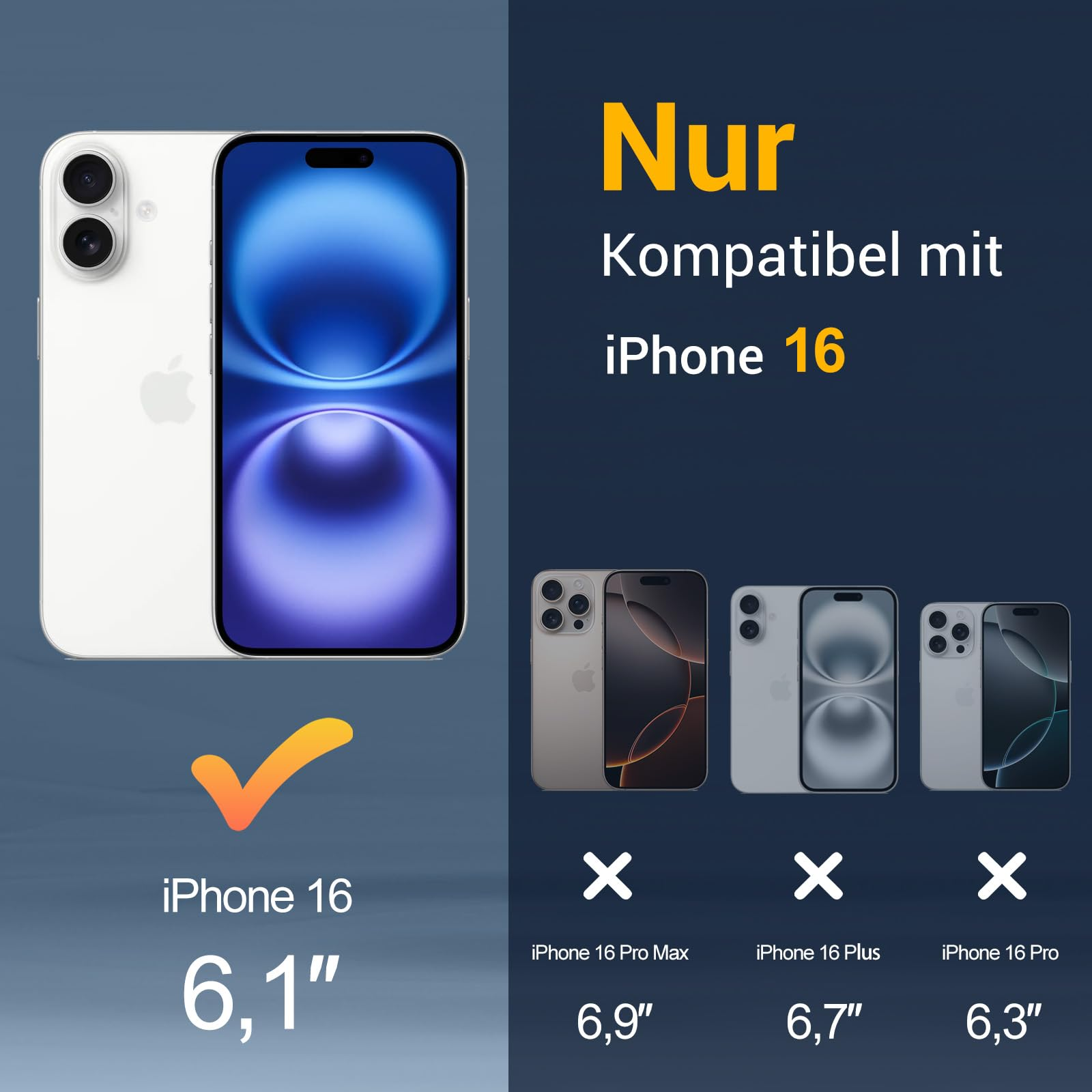 Bild mit Text: iPhone 16 kompatibel, zeigt ein weißes iPhone und andere Modelle.