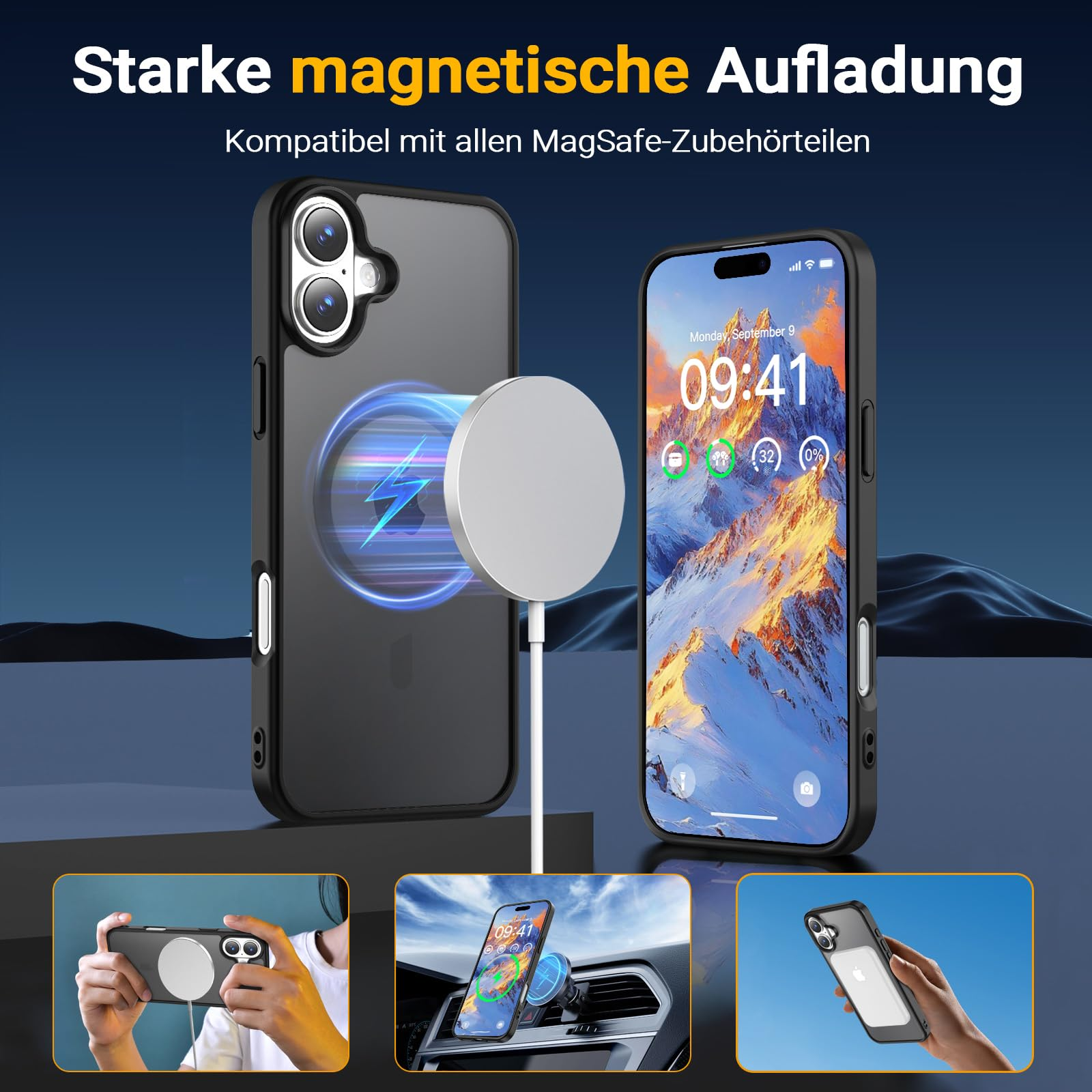 Zwei Smartphones mit einem magnetischen Ladegerät und einer Lüftungshalterung für das Auto, gezeigt vor blauem und schwarzem Hintergrund.