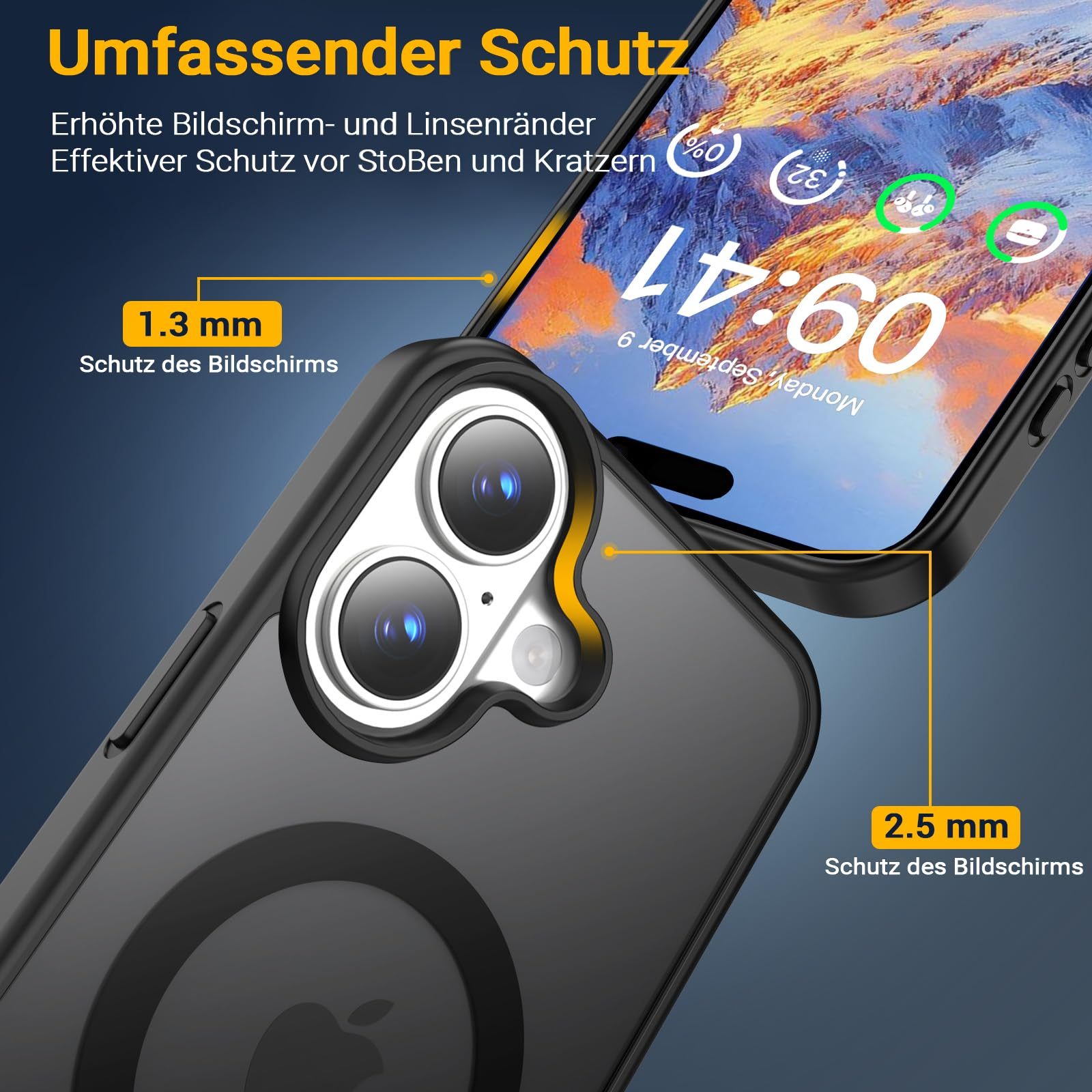 Nahaufnahme einer Handyhülle mit Schutzeigenschaften; schwarz, mit einem Telefon darin.