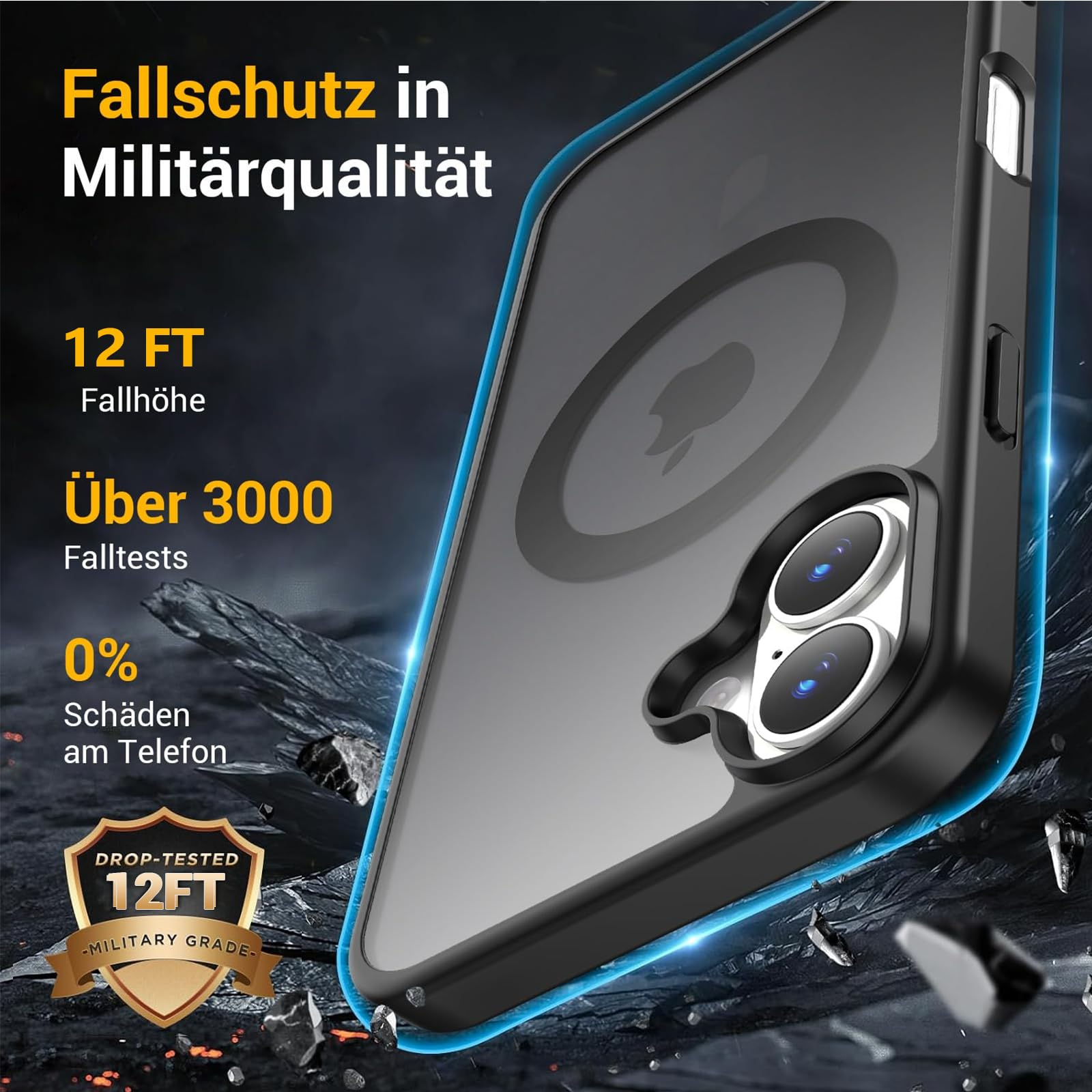 Handyhülle mit Falltest-Info; schwarze Hülle mit Telefon darin, vor blauem Hintergrund.