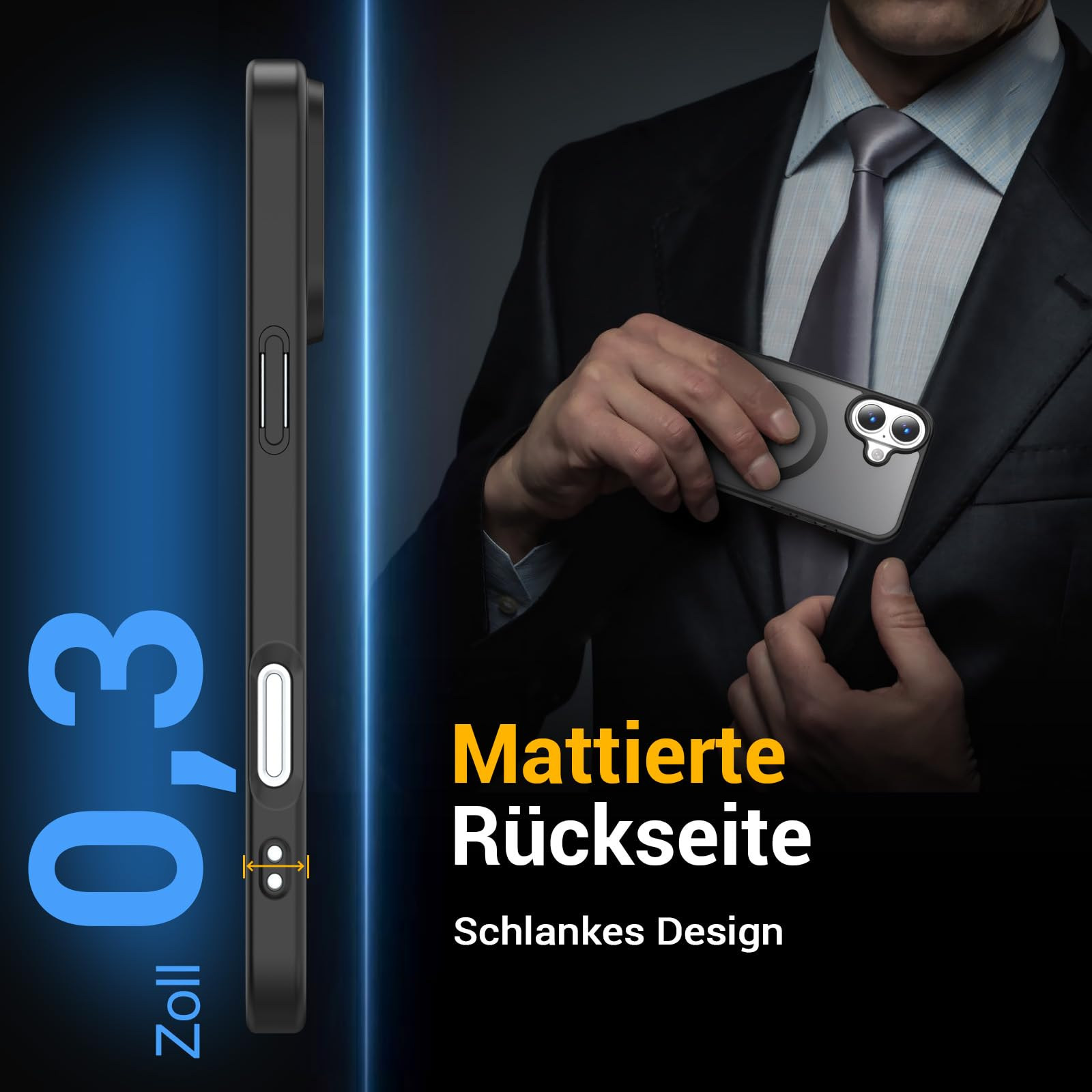 Eine Handyhülle mit Seitenansicht mit Text: 0,3 Zoll, Matte Rückseite, und Schlankes Design.