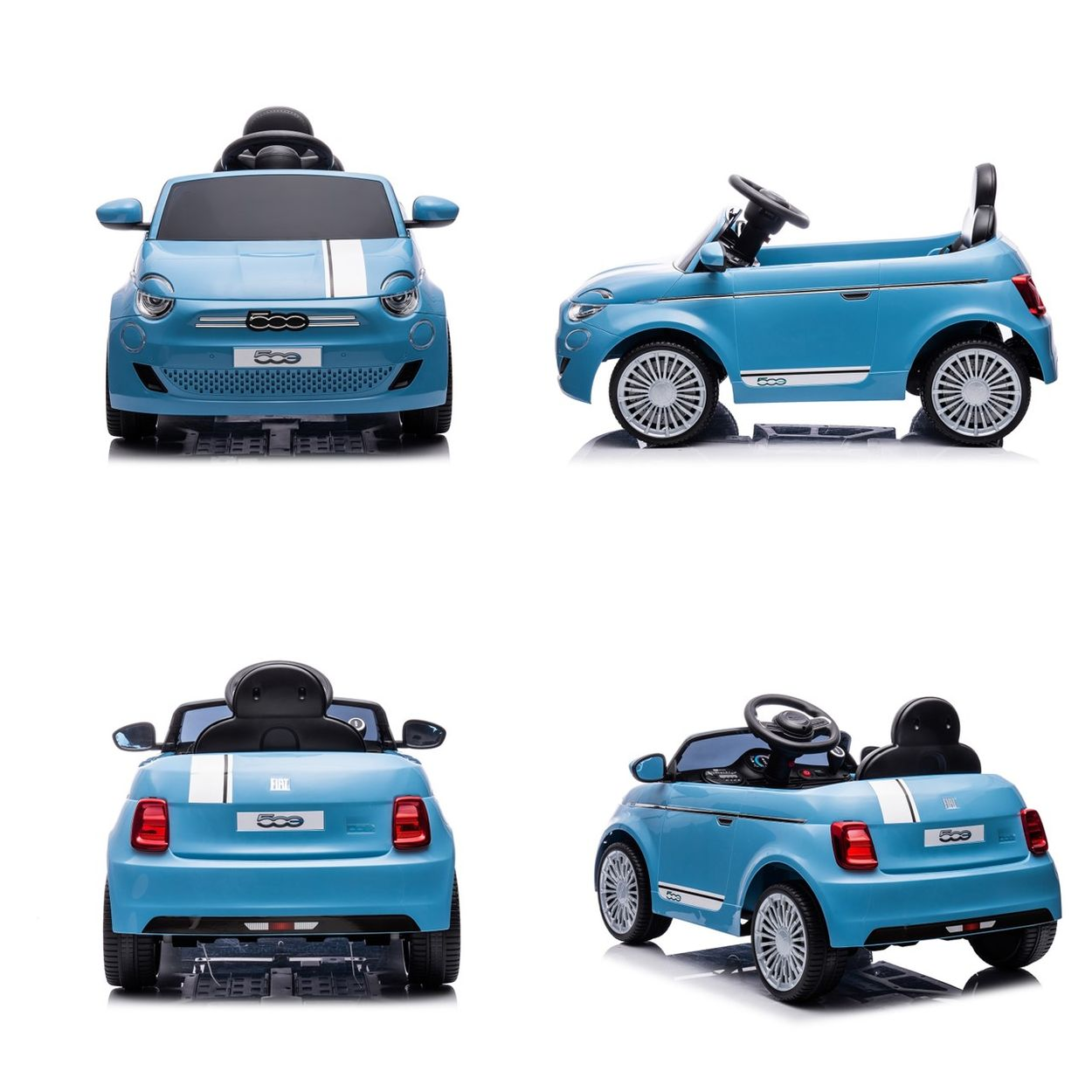 Múltiples vistas de un coche de juguete azul con rayas blancas, varios ángulos sobre un fondo blanco.