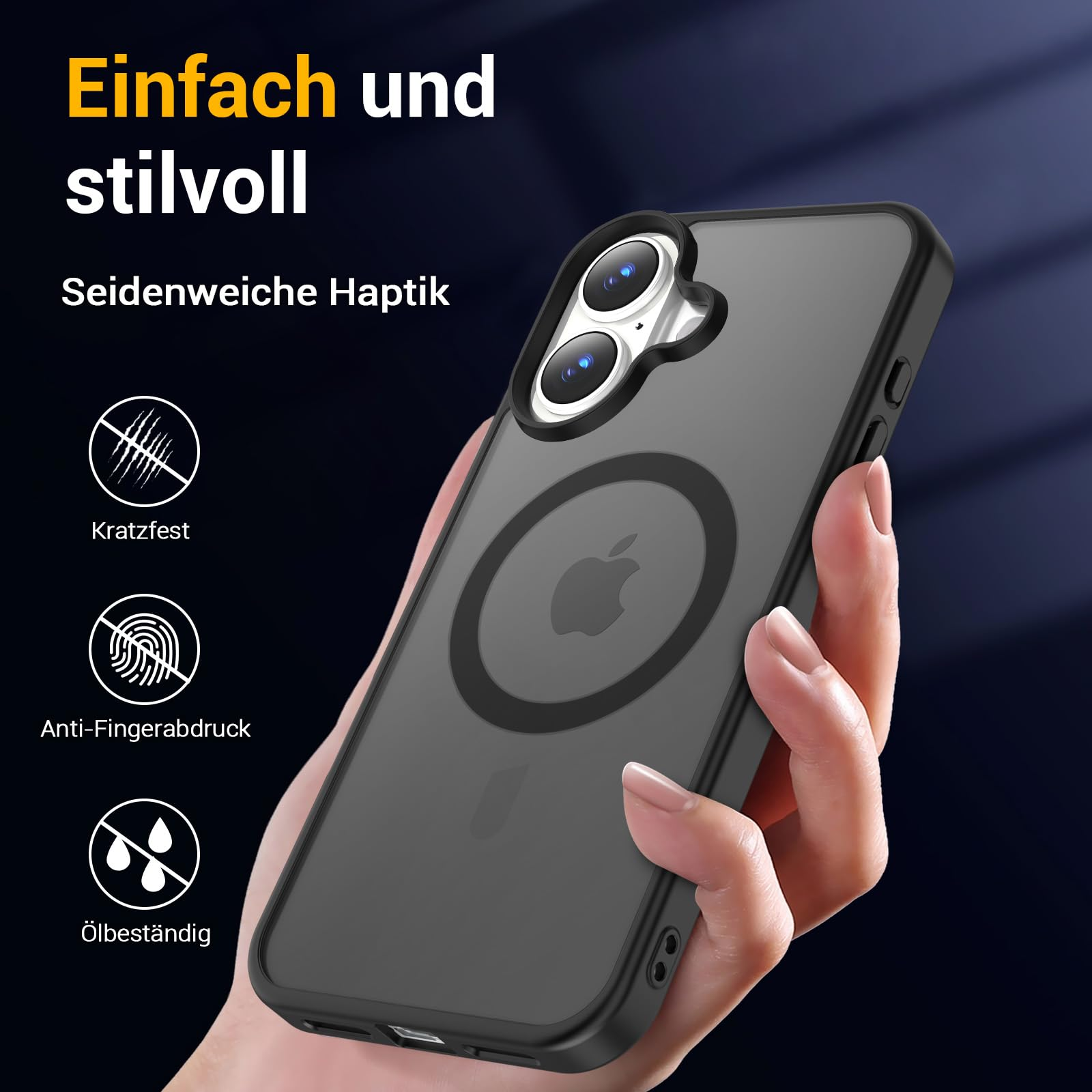Schwarze Handyhülle mit Telefon, zeigt Kratzfestigkeit, Anti-Fingerabdruck und Ölbeständigkeit.