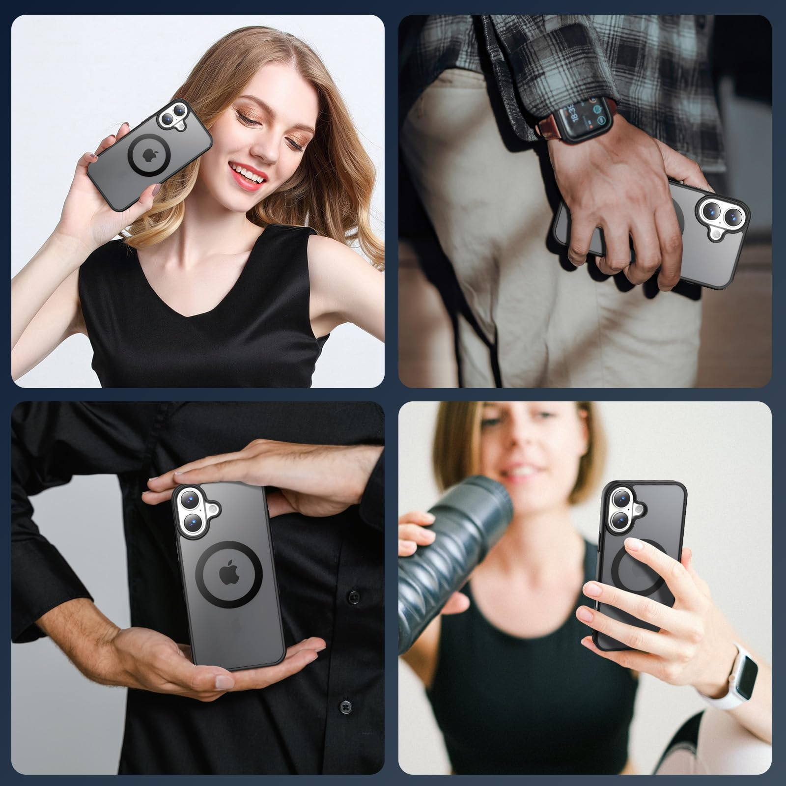 Vier Bilder, die zeigen, wie Leute ein Telefon mit Hülle halten. Das Telefon hat einen kreisförmigen Aufsatz auf der Rückseite.