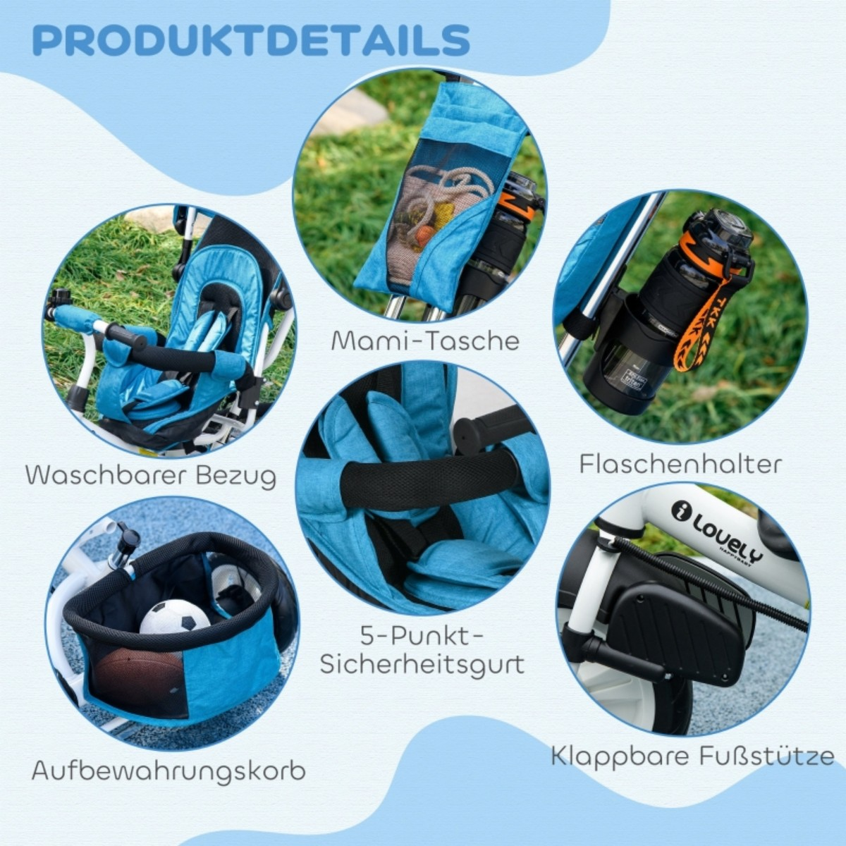 Details des Baby-Dreirads, zeigt waschbaren Bezug, Korb usw.