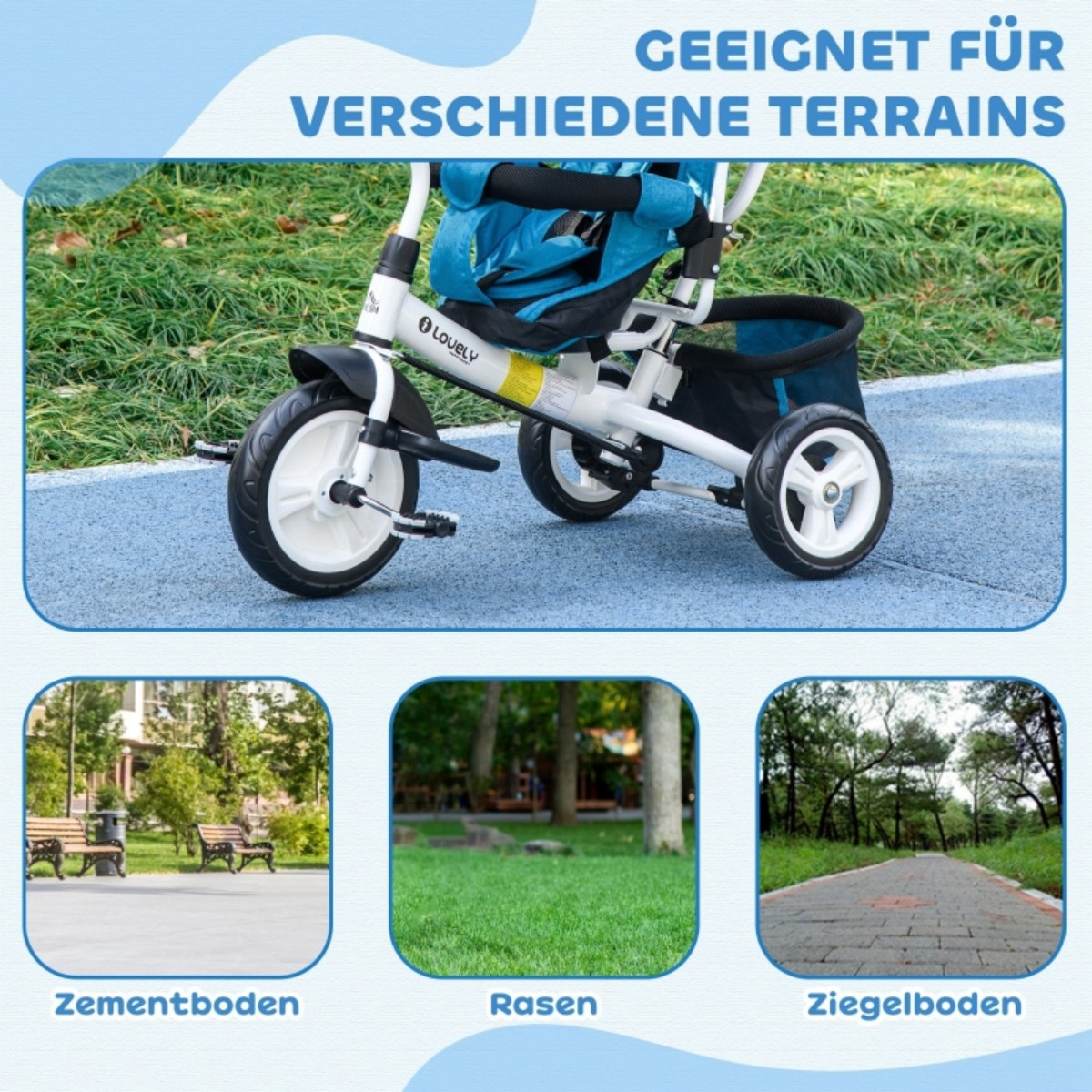 Ein weißes Dreirad mit blauen Akzenten, dargestellt auf verschiedenen Oberflächen: Beton, Gras und Ziegel. Der Text lautet 'Geeignet für verschiedene Terrains'.