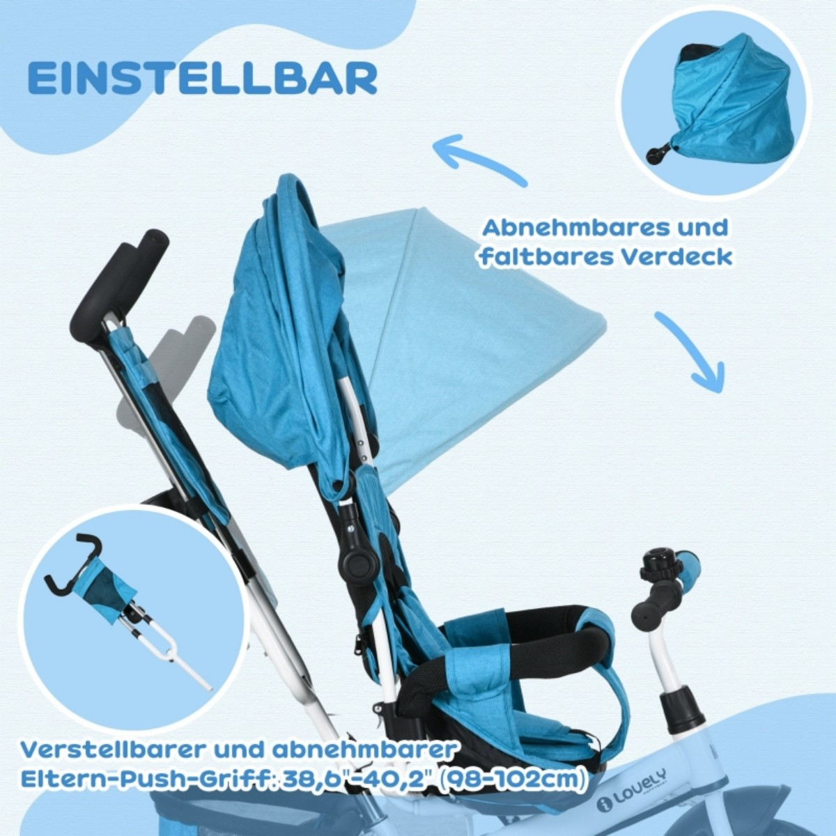 Dreiradteile mit deutschem Text über die Verstellbarkeit.