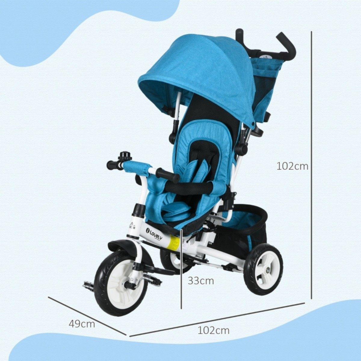 Blaues und weißes Dreirad mit Maßangaben: 102 cm, 49 cm und 33 cm.