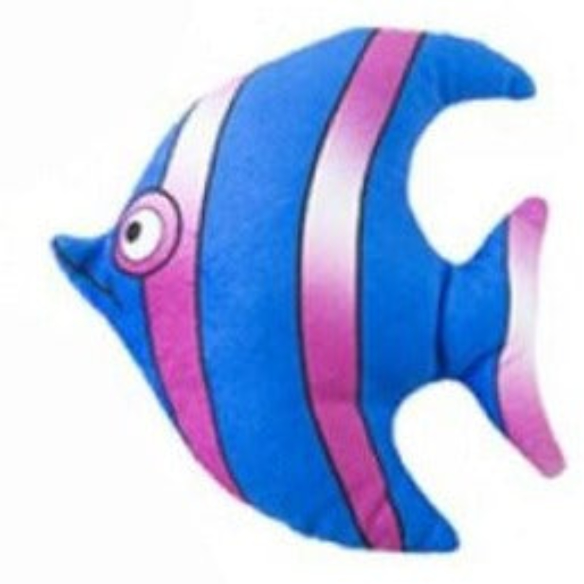 Blauer Spielzeugfisch mit rosa-weißen Streifen.