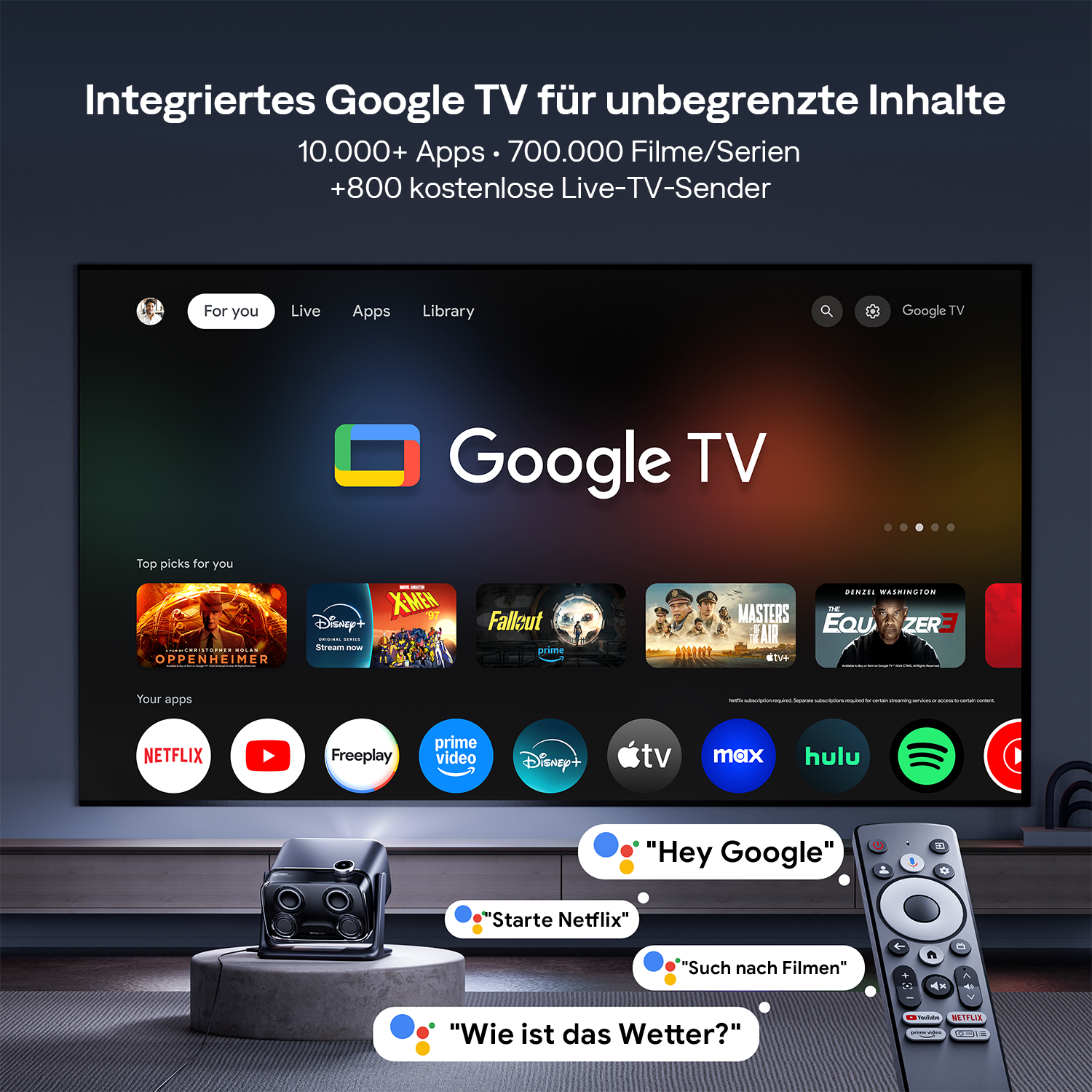 Google TV-Oberfläche mit Apps und Fernbedienung.