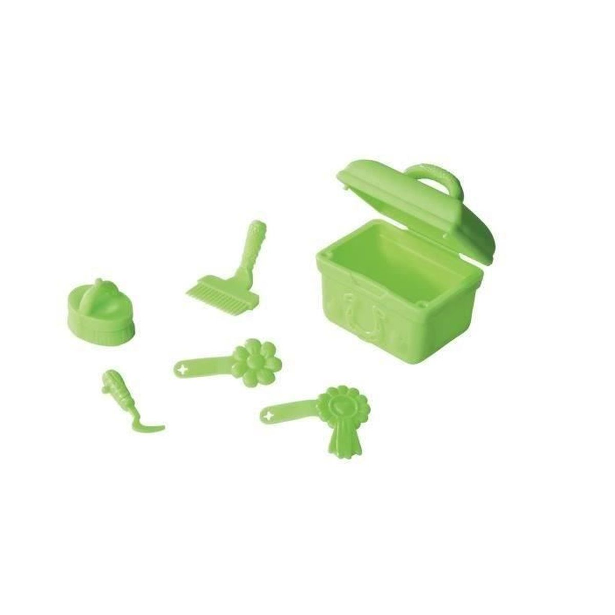 Un conjunto de herramientas de juguete verdes que incluyen un contenedor, un cepillo, un rastrillo y varias herramientas en forma de flor.