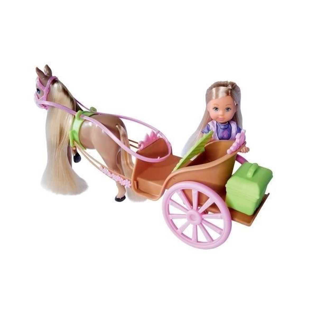 Un carruaje de juguete tirado por caballos con una muñeca. El caballo es beige con un arnés rosa, el carruaje es marrón y rosa.
