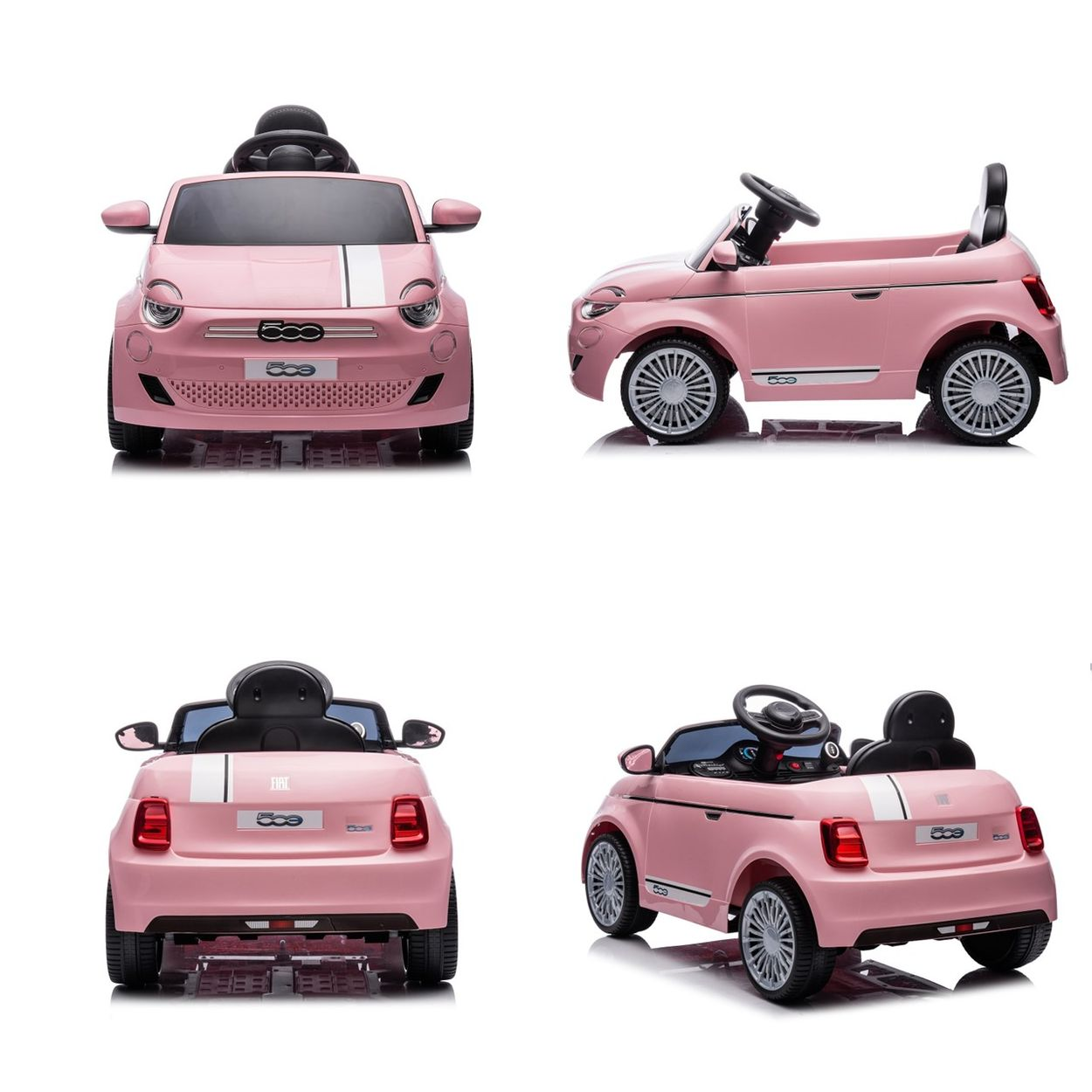 Rosa Spielzeugauto, mehrere Ansichten. Enthält Vorder-, Seiten-, Rück- und Winkelaufnahmen.