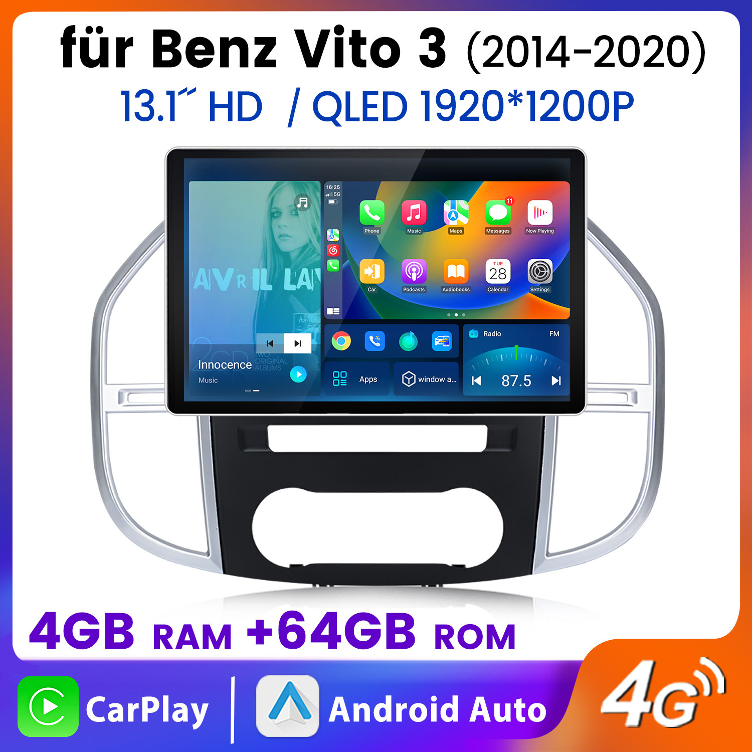Auto-Multimedia-System mit Touchscreen, das eine Oberfläche anzeigt. Es hat App-Symbole und andere Funktionen.