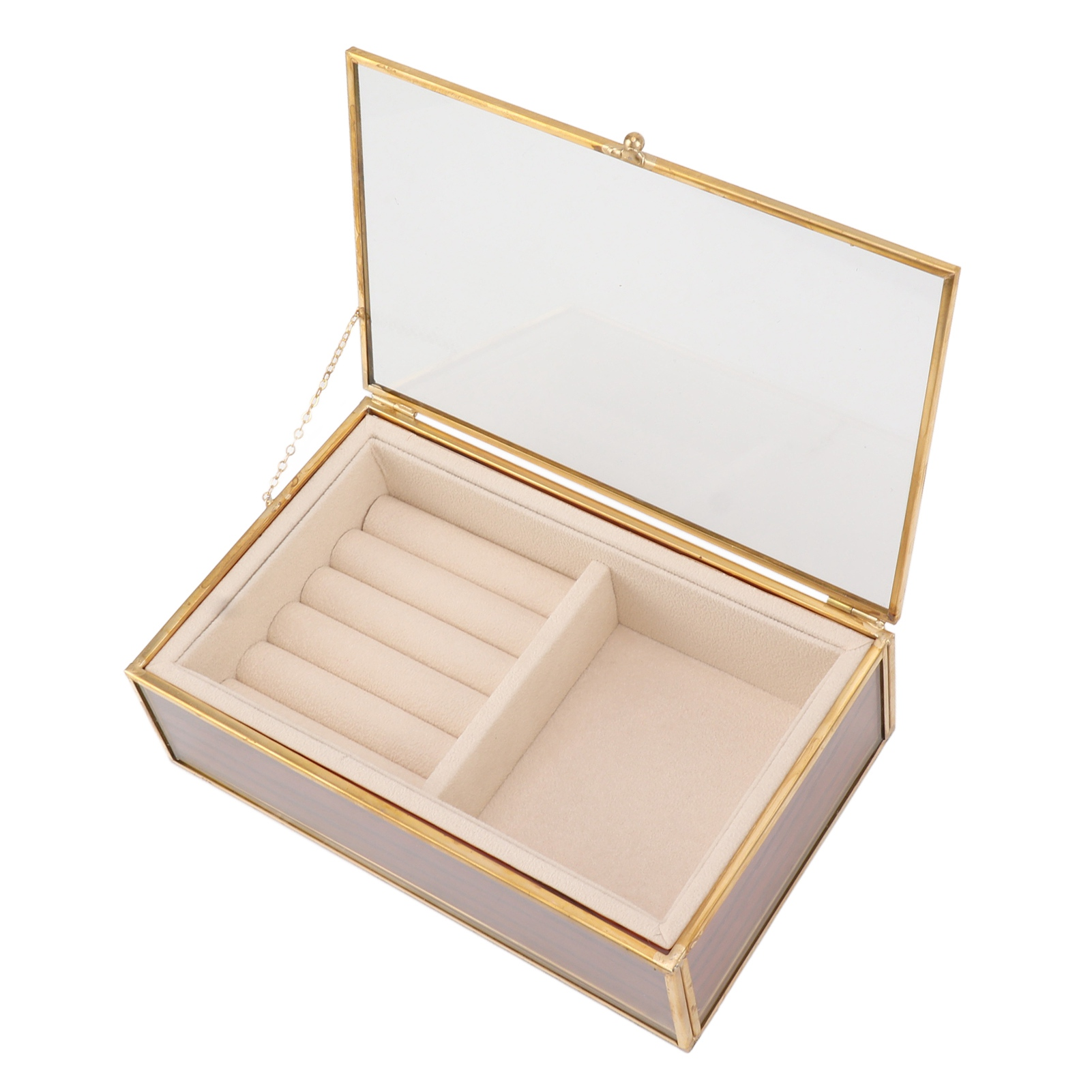 Schmuckschatulle, offen. Glasdeckel, Holzrahmen und -sockel, beiger Innenraum mit Ringschlitzen.