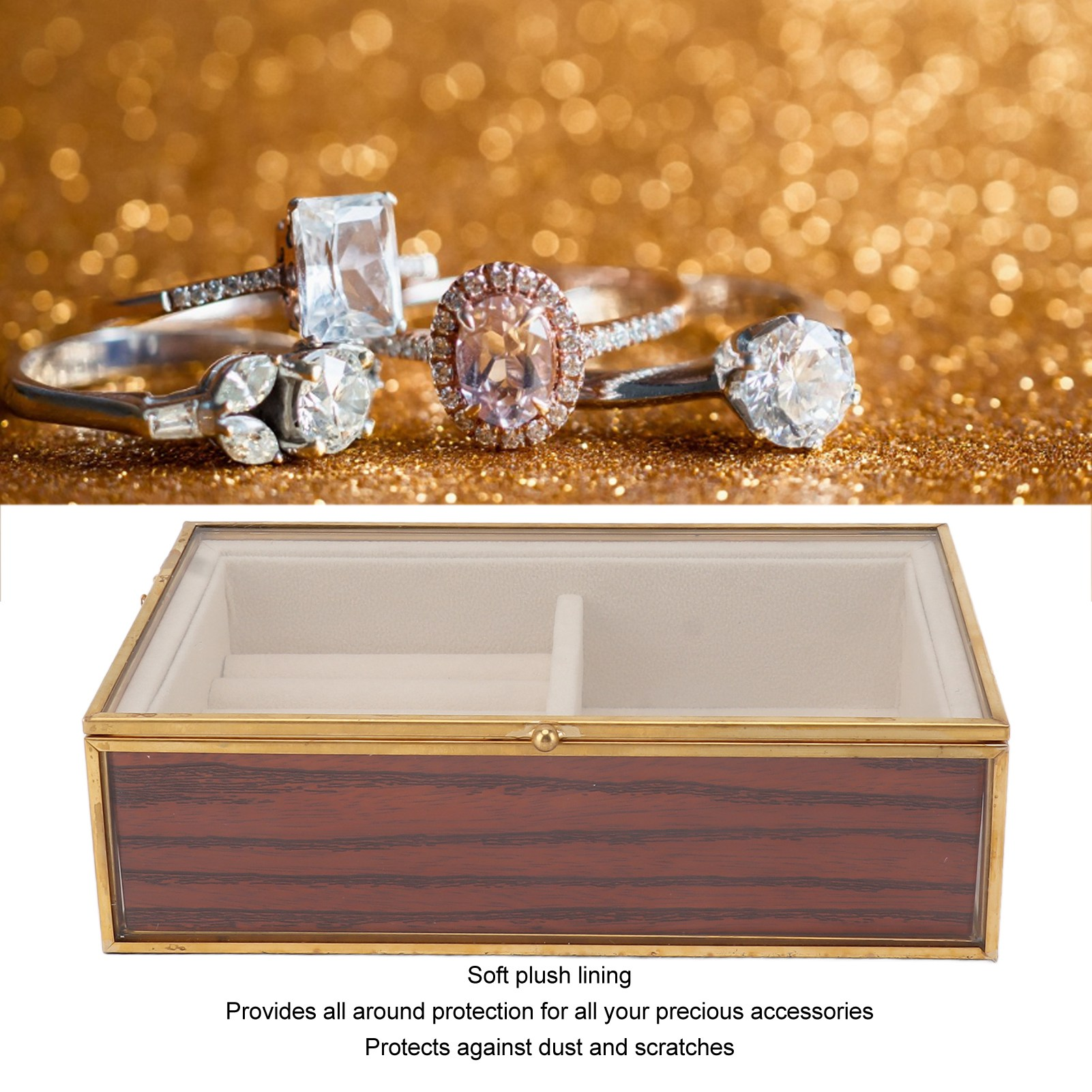 Eine Schmuckschatulle mit Ringen und einem unscharfen Hintergrund. Die Box ist geöffnet.