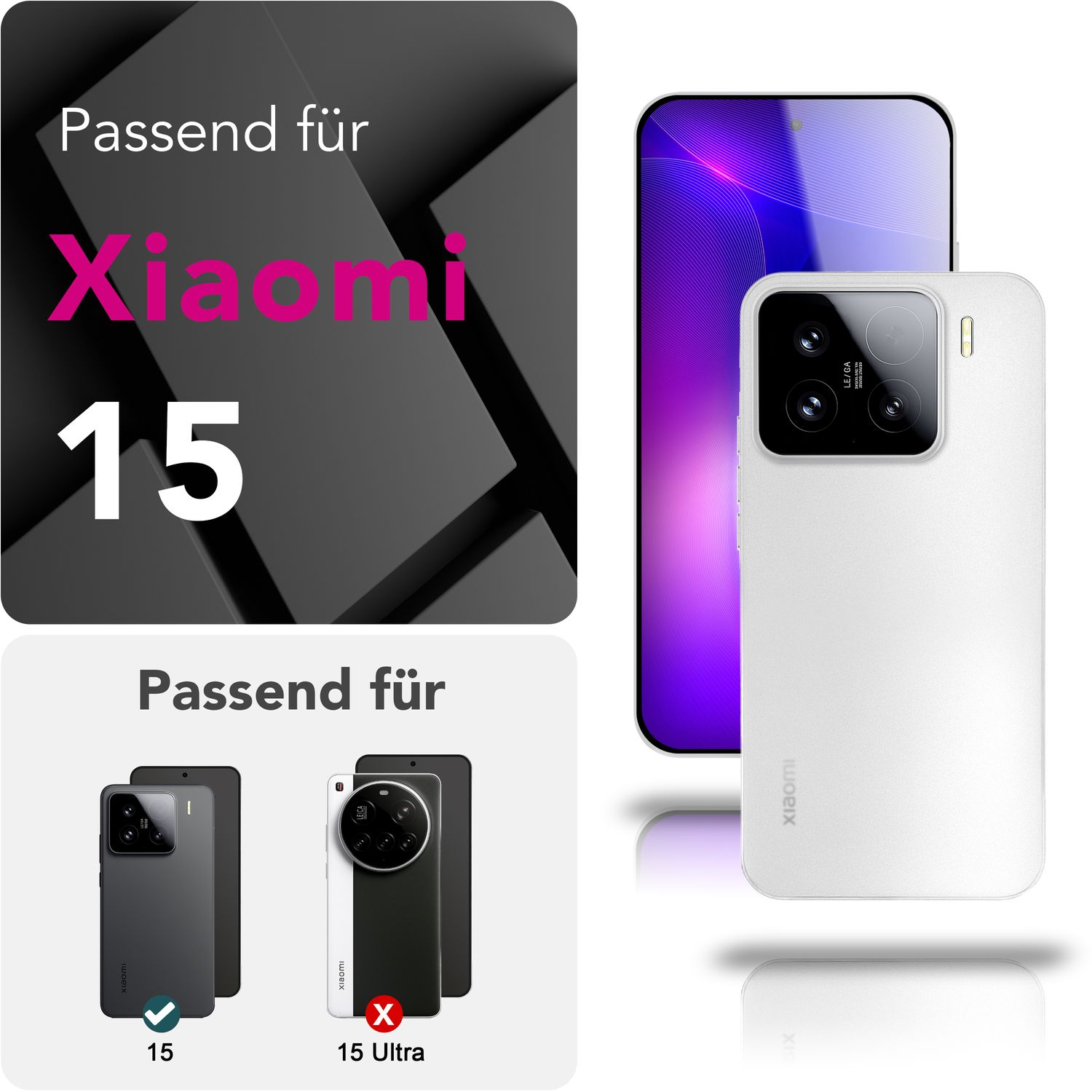 Un telefono con una custodia bianca e testo che indica la compatibilità con i telefoni della serie Xiaomi 15.