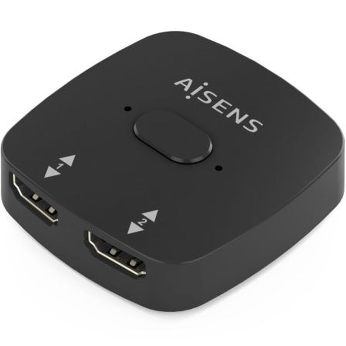 Switch HDMI nero con due ingressi HDMI e un'uscita. Il marchio è "AiSENS".
