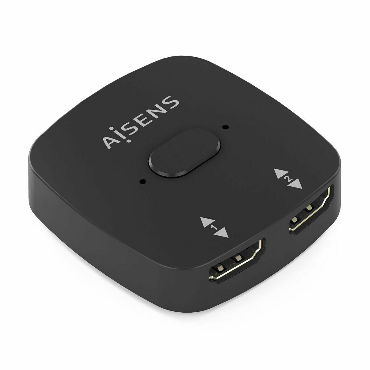 Uno switch HDMI nero con due porte HDMI e un logo 'AiSENS'. C'è un pulsante e delle frecce.