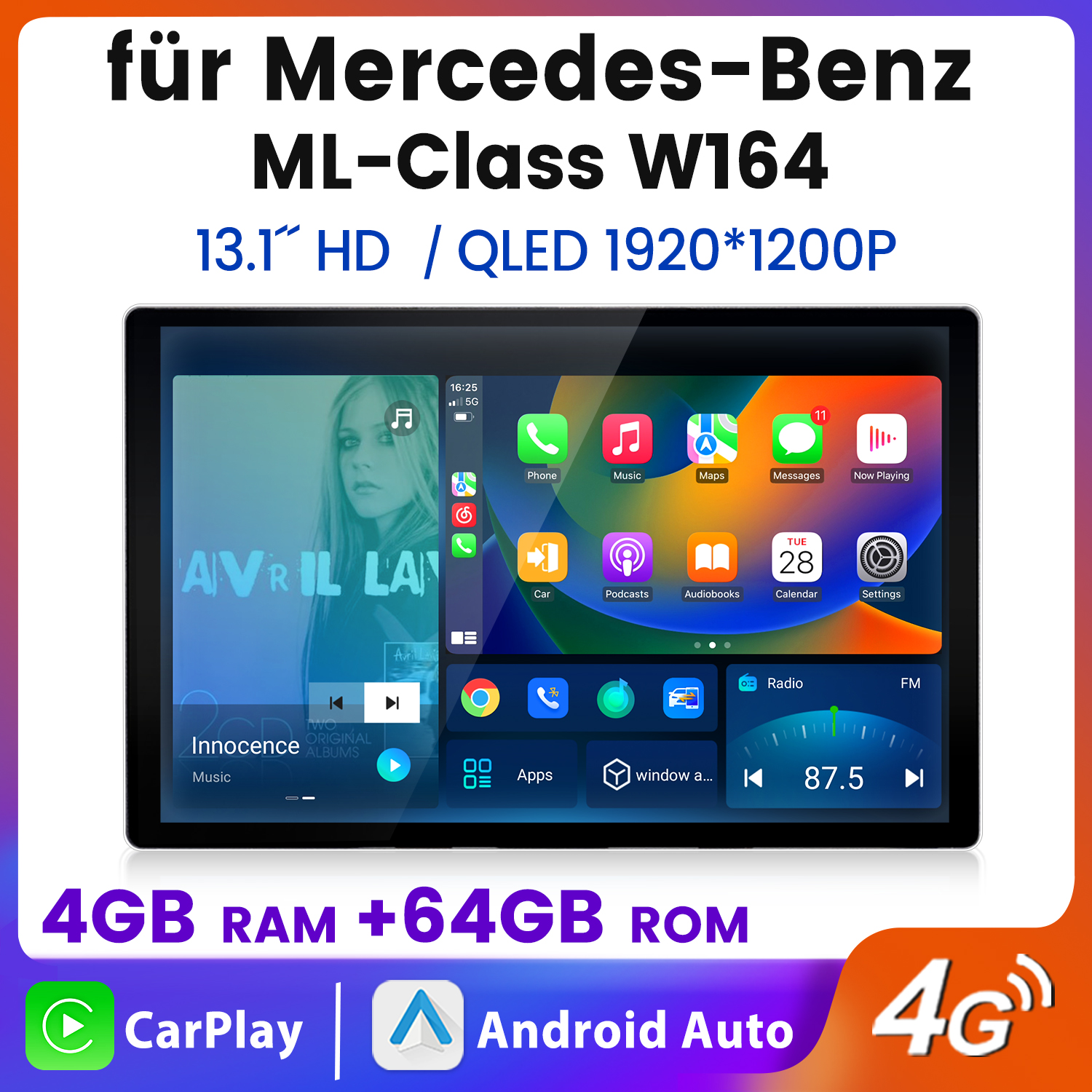 Tablet für Mercedes-Benz ML-Klasse W164 mit Touchscreen, der Apps und Musik anzeigt, Text oben.