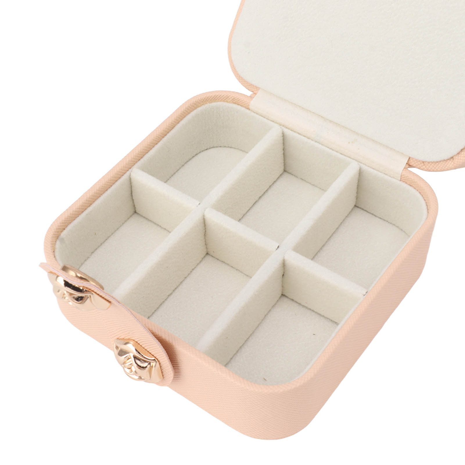 Geöffnete rosa Schmuckschatulle, zeigt die Innenfächer, mit weißer Polsterung. Die Box ist offen.