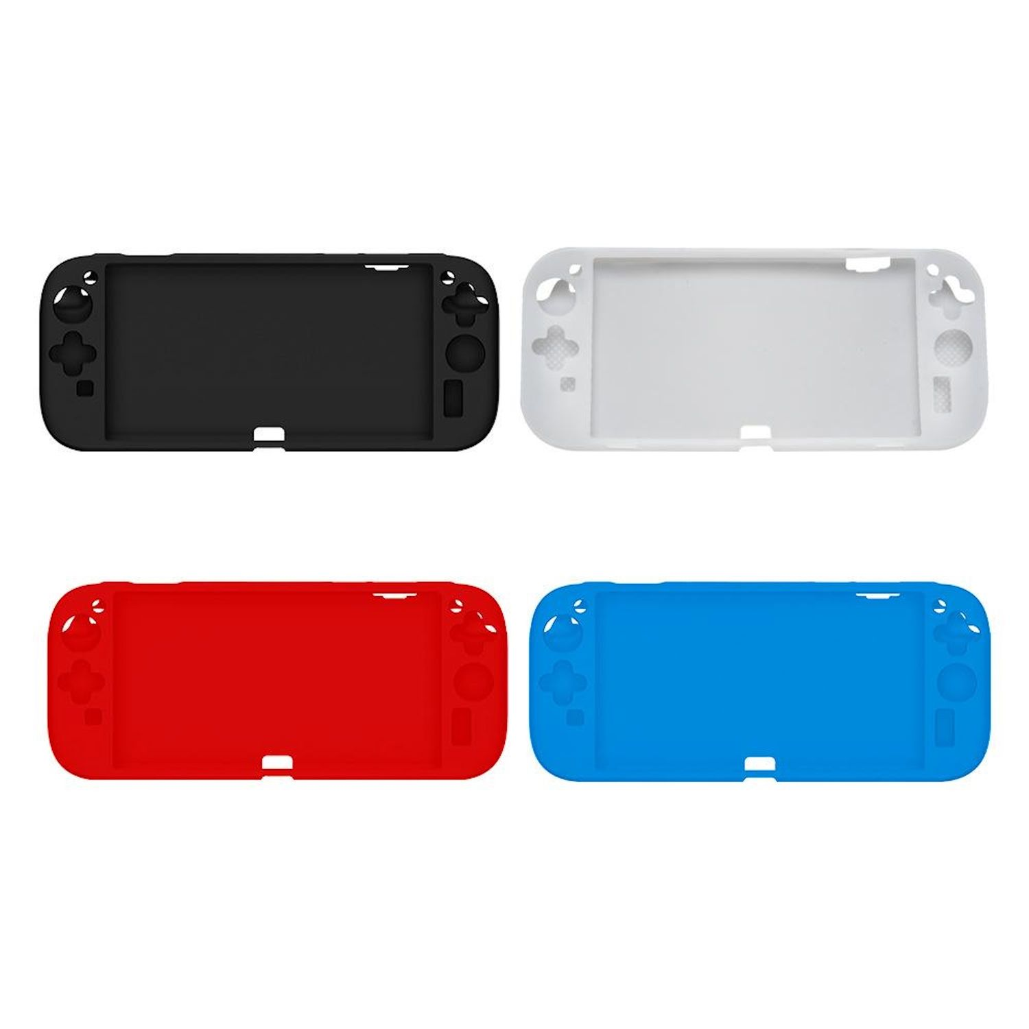 Vier farbige Handheld-Gaming-Geräteabdeckungen: Schwarz, Weiß, Rot und Blau. Alle sind identisch.