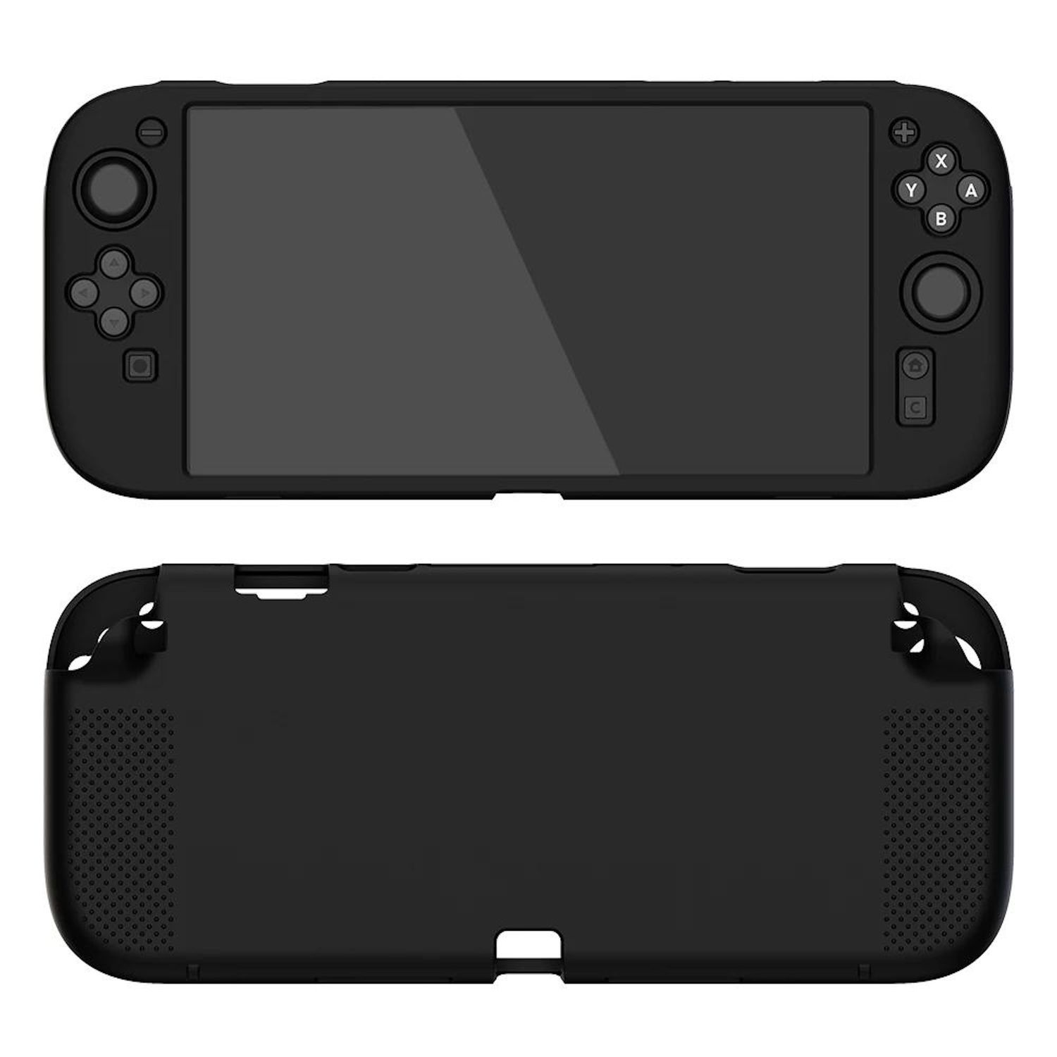 Schwarzes Handheld-Gaming-Gerät, Vorder- und Rückansicht. Knöpfe und Bildschirm sind vorne sichtbar.